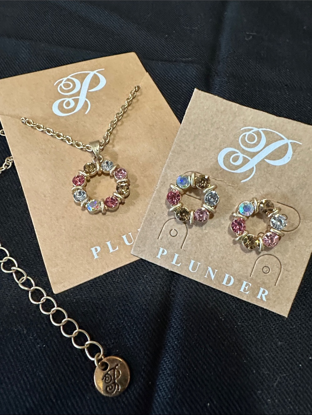 Plunder Gold-Tone Pink, Blue & Clear Crystal Circle Necklace and Earring Set